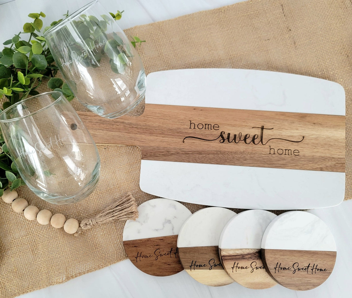 Personalized Marble & Acacia Couples Gift Basket