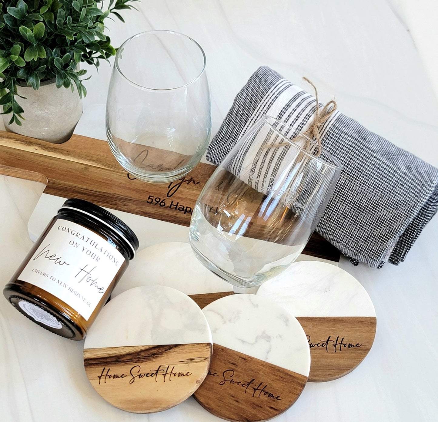 Personalized Marble & Acacia Couples Gift Basket