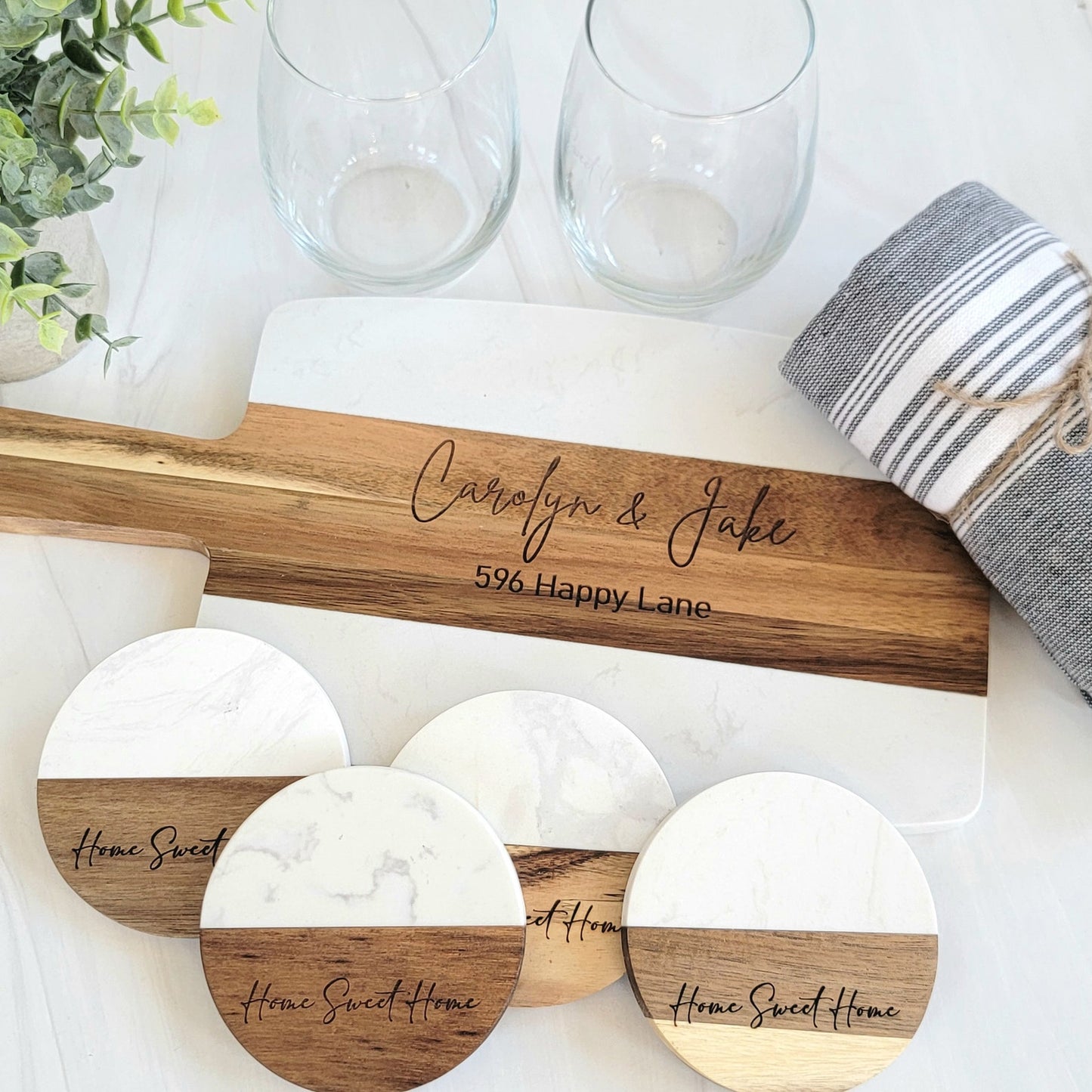 Personalized Marble & Acacia Couples Gift Basket