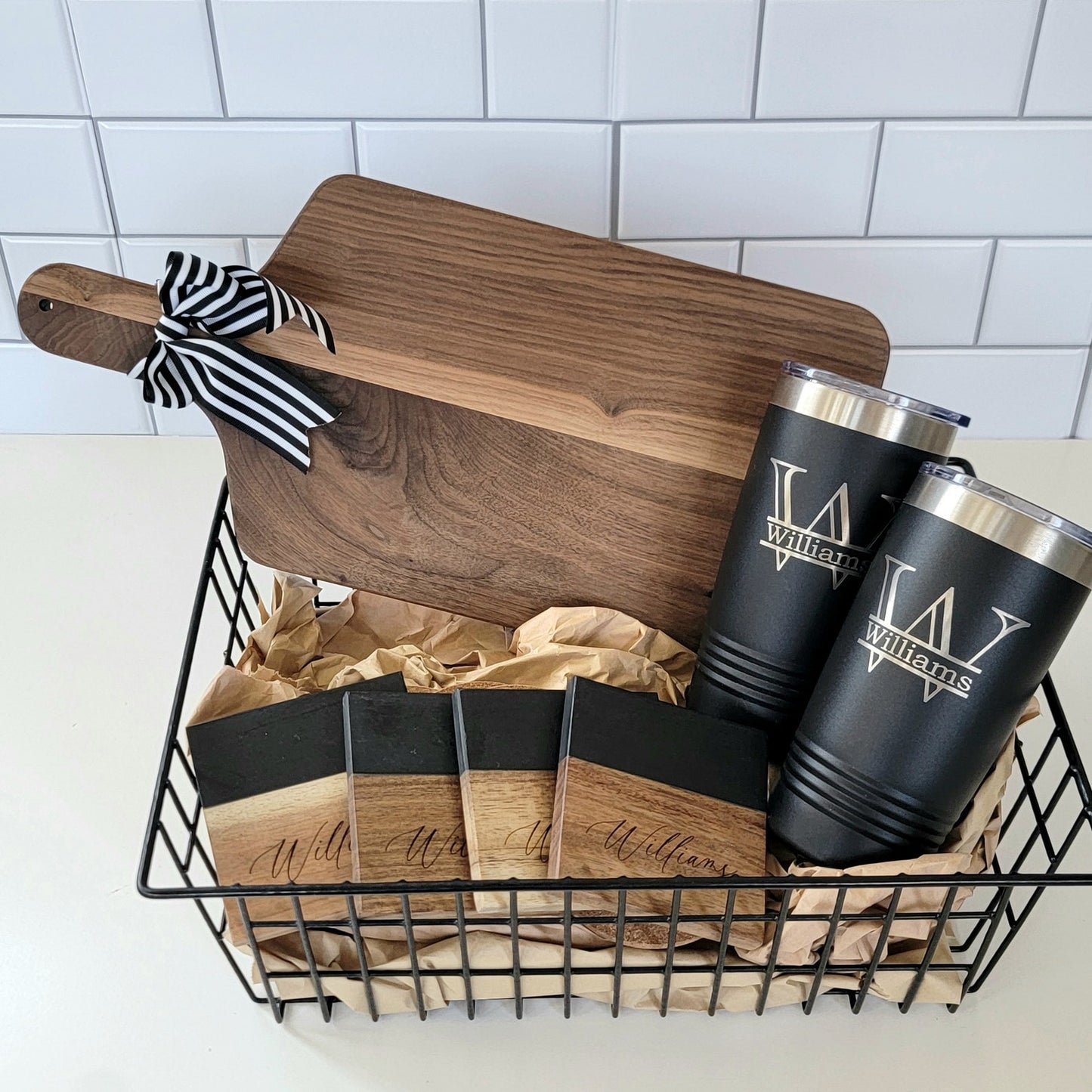 Personalized Black & Walnut Gift Basket