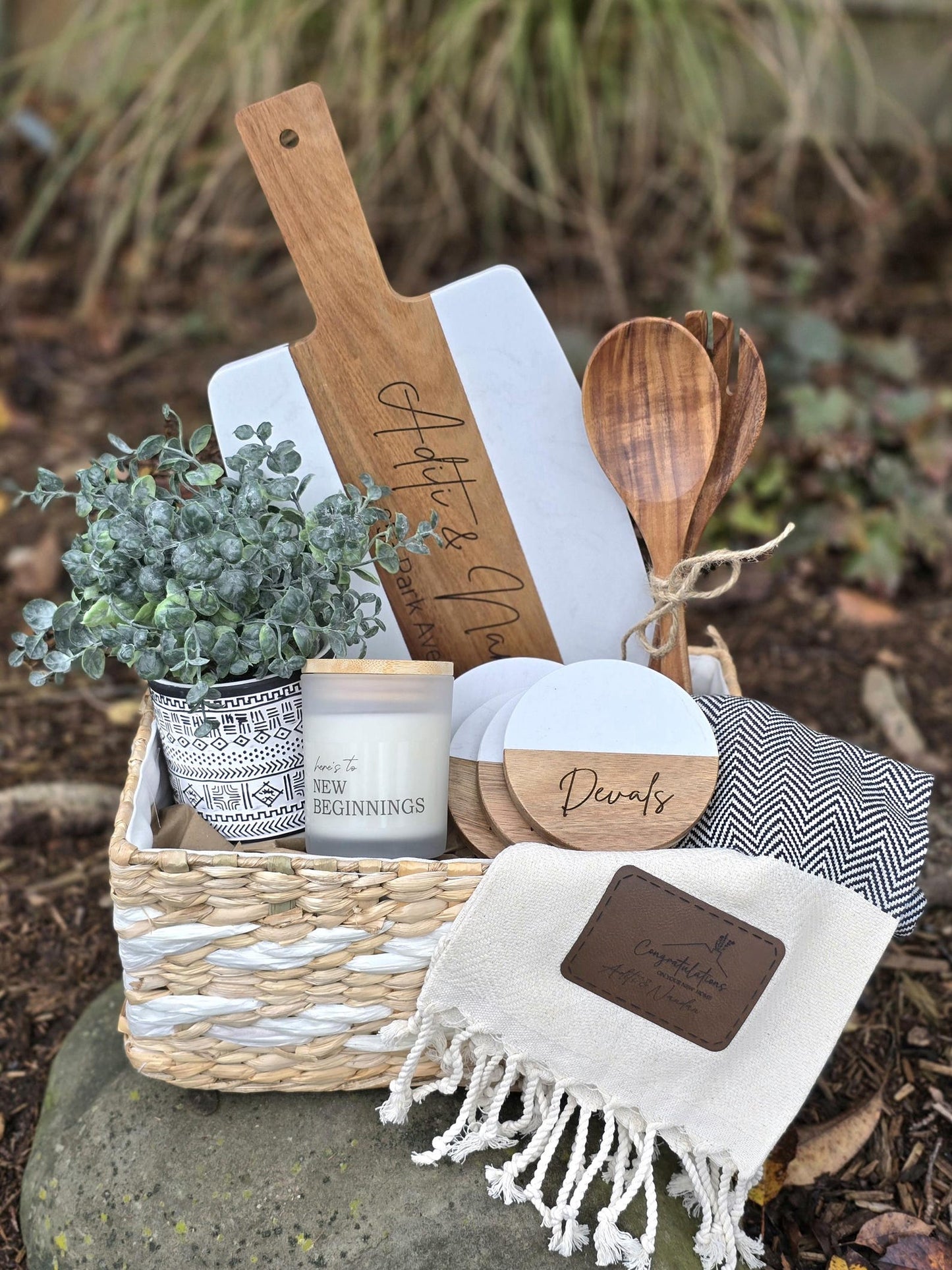 Personalized Marble & Acacia Housewarming Gift Basket