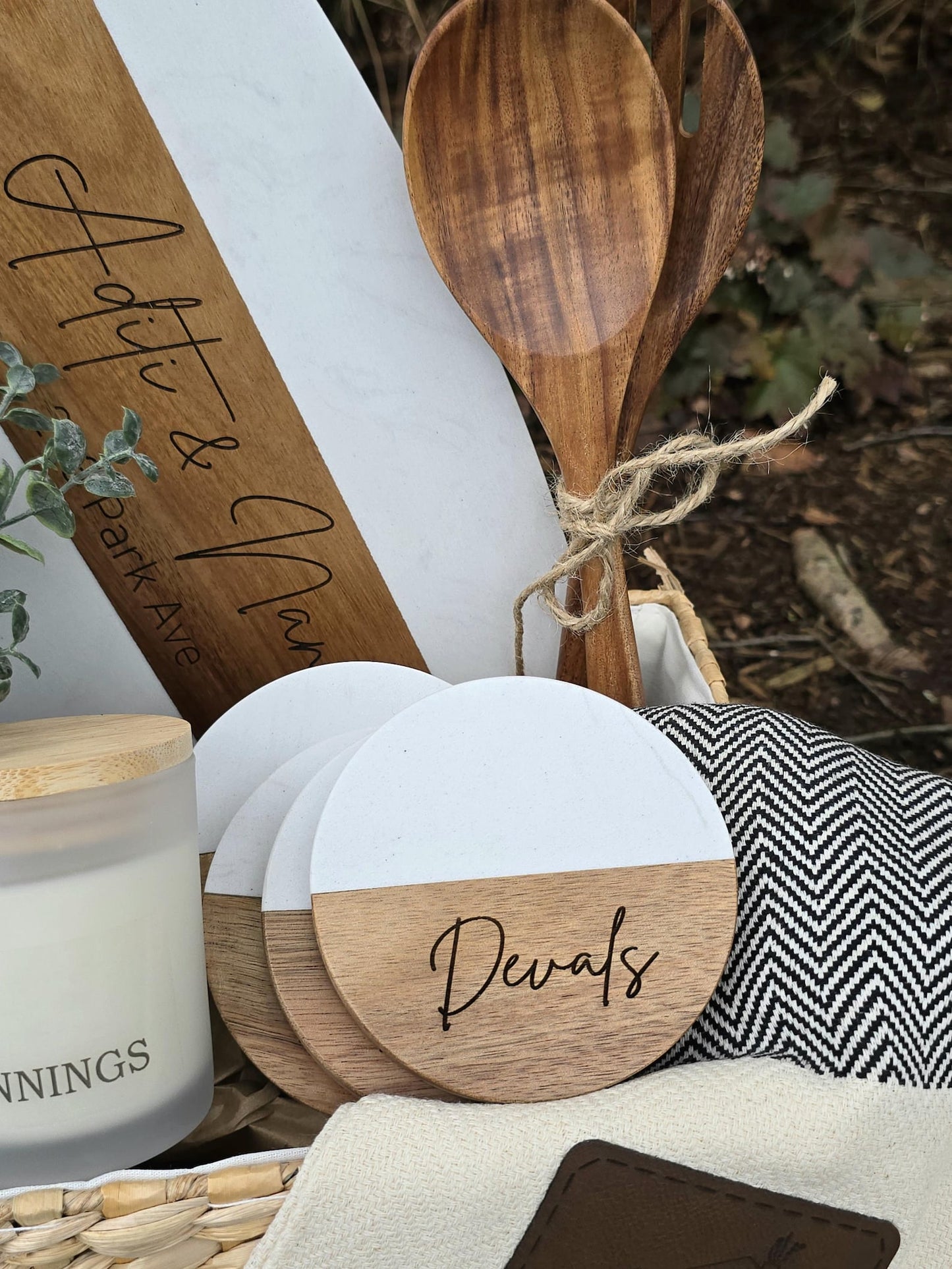 Personalized Marble & Acacia Housewarming Gift Basket