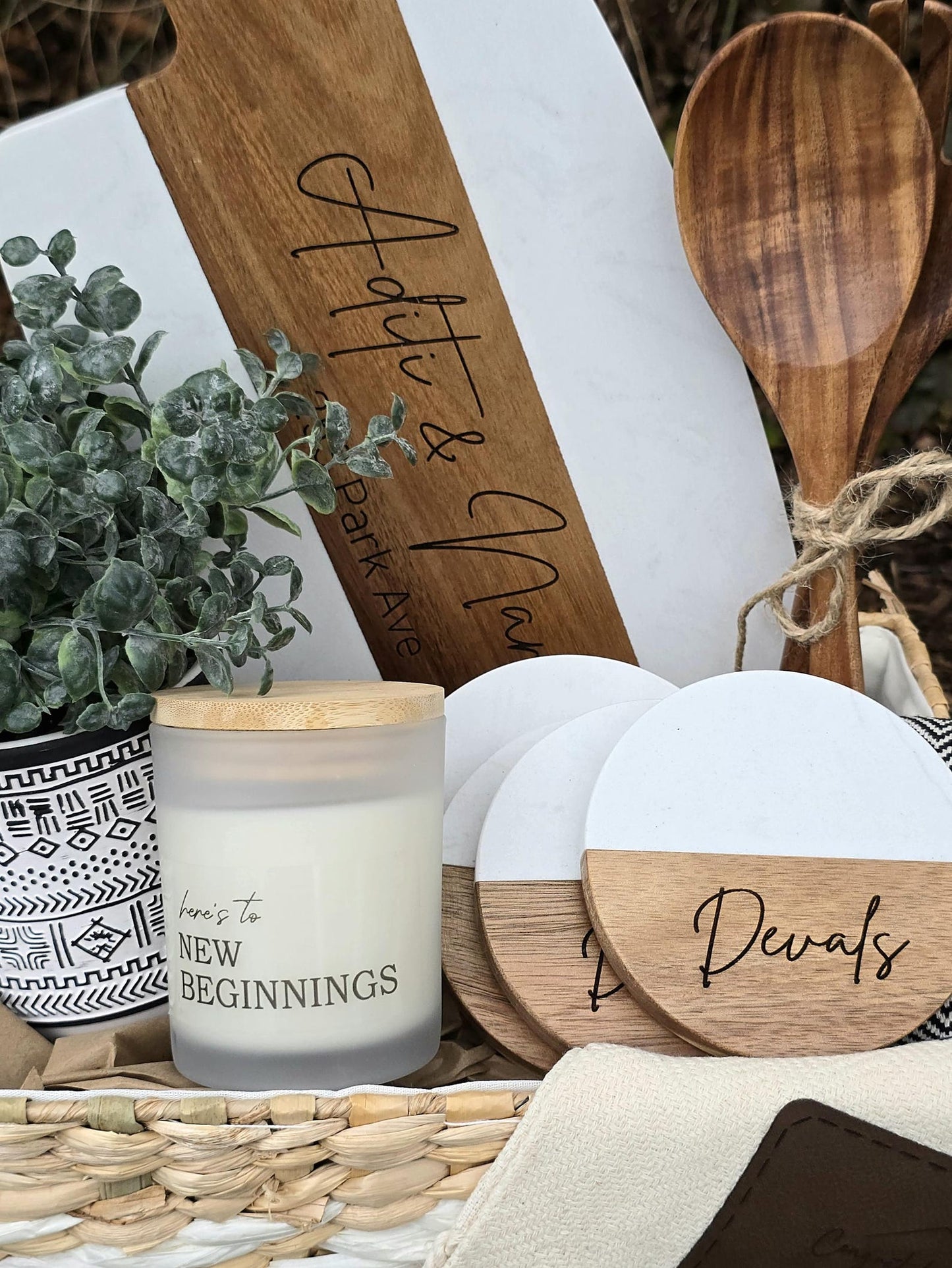 Personalized Marble & Acacia Housewarming Gift Basket